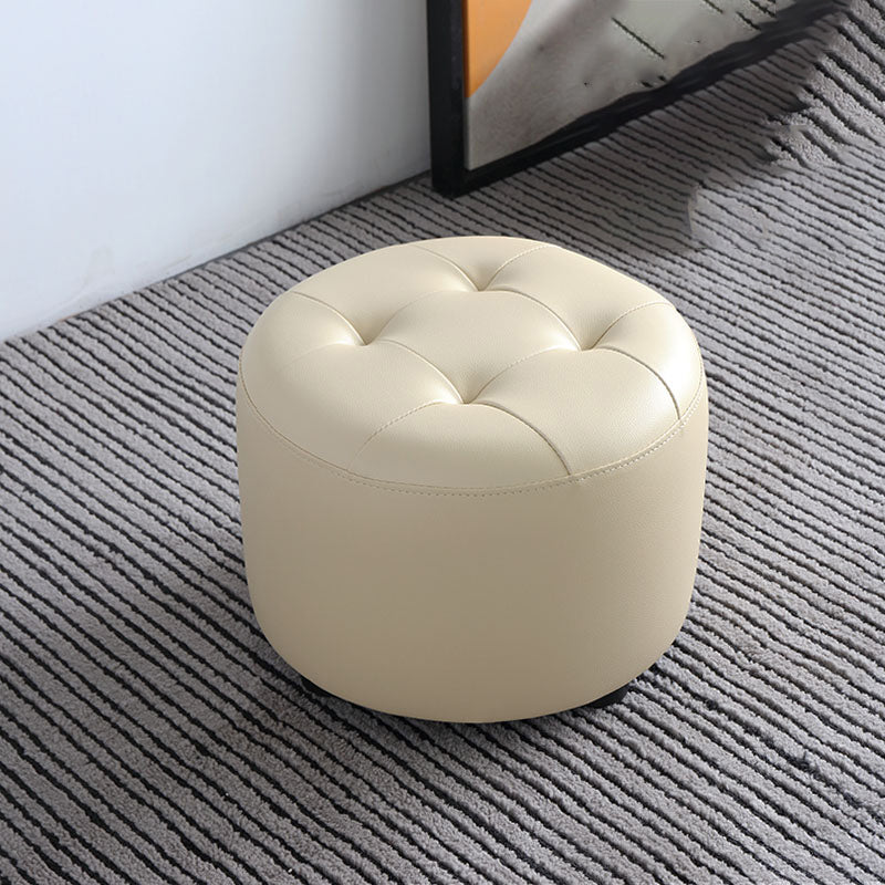Mid-Century Modern Pouf Ottoman Genuine Leather Upholstered Tufted Cylinder Shape Ottoman