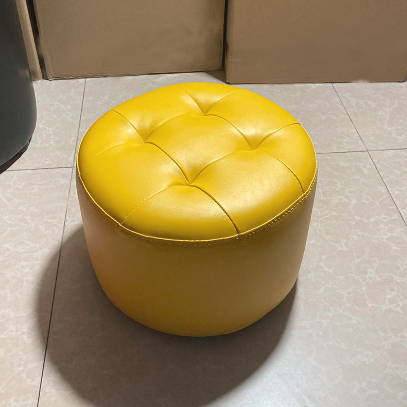Mid-Century Modern Pouf Ottoman Genuine Leather Upholstered Tufted Cylinder Shape Ottoman