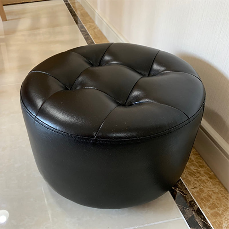Mid-Century Modern Pouf Ottoman Genuine Leather Upholstered Tufted Cylinder Shape Ottoman