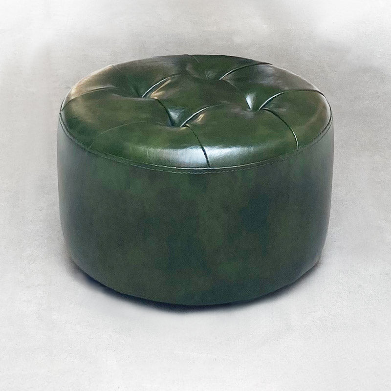 Mid-Century Modern Pouf Ottoman Genuine Leather Upholstered Tufted Cylinder Shape Ottoman