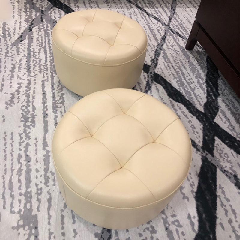 Mid-Century Modern Pouf Ottoman Genuine Leather Upholstered Tufted Cylinder Shape Ottoman