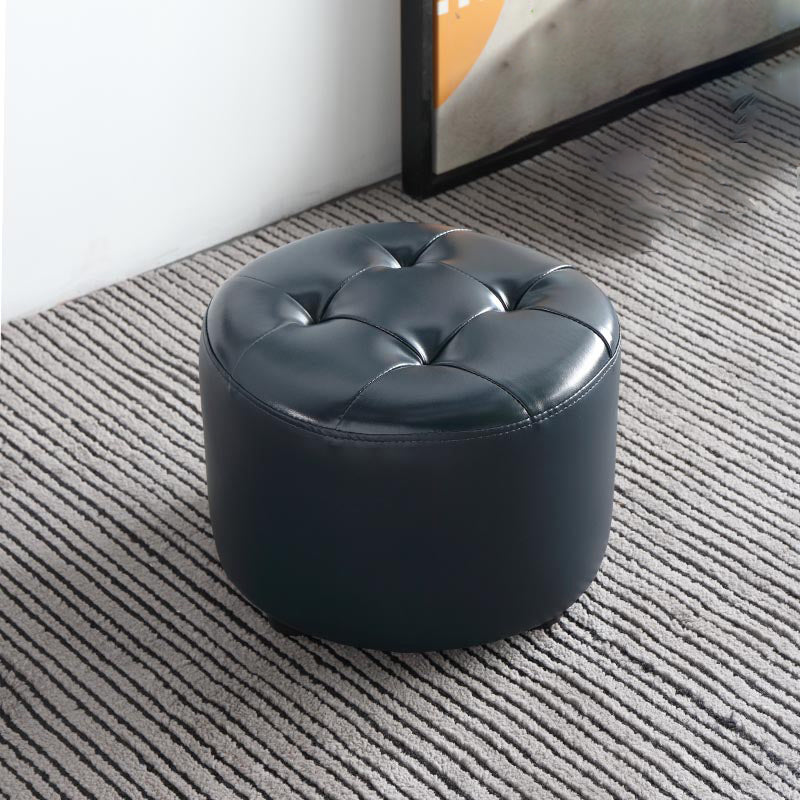 Mid-Century Modern Pouf Ottoman Genuine Leather Upholstered Tufted Cylinder Shape Ottoman