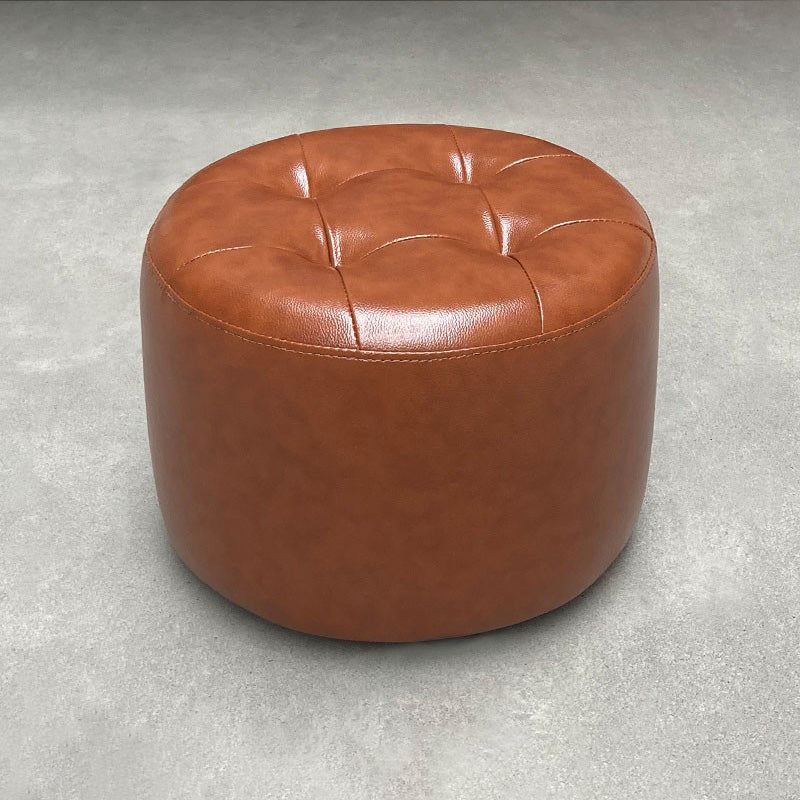 Mid-Century Modern Pouf Ottoman Genuine Leather Upholstered Tufted Cylinder Shape Ottoman