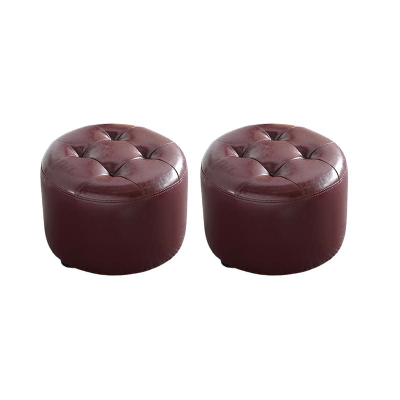 Mid-Century Modern Pouf Ottoman Genuine Leather Upholstered Tufted Cylinder Shape Ottoman