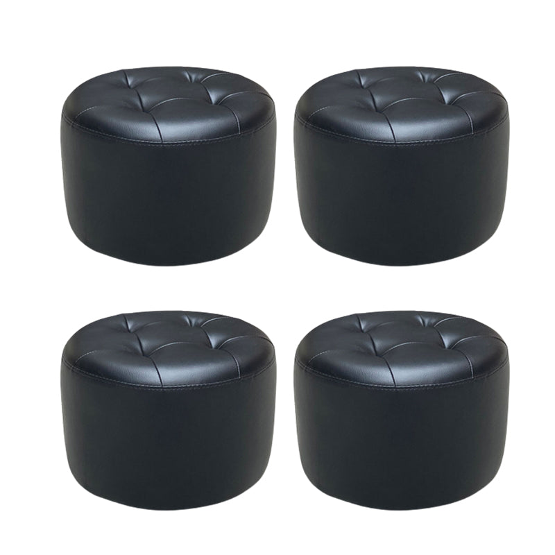 Mid-Century Modern Pouf Ottoman Genuine Leather Upholstered Tufted Cylinder Shape Ottoman