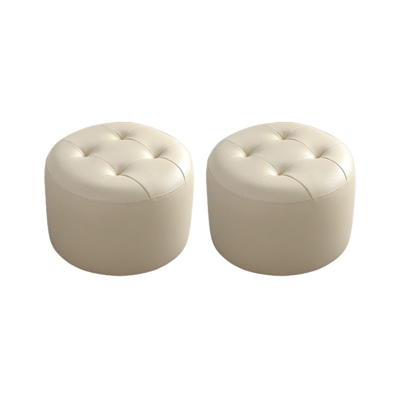 Mid-Century Modern Pouf Ottoman Genuine Leather Upholstered Tufted Cylinder Shape Ottoman