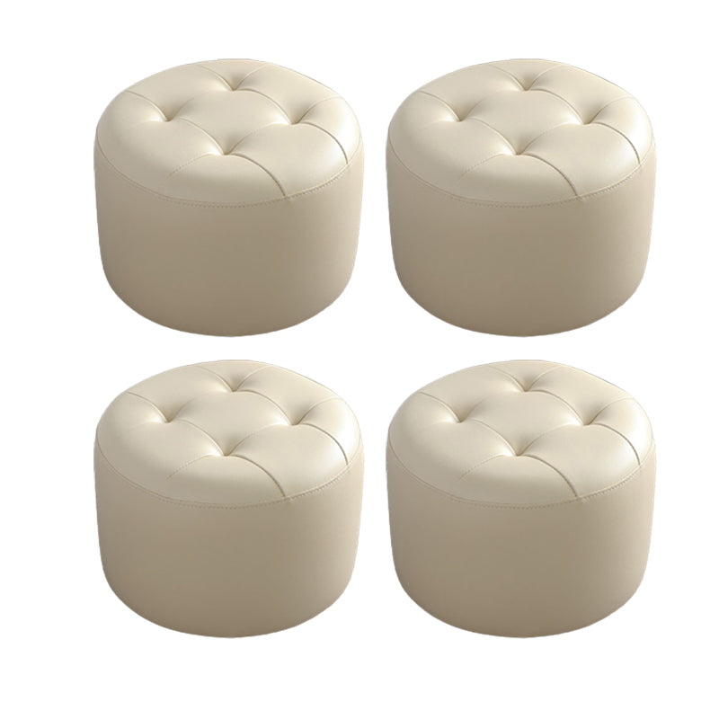 Mid-Century Modern Pouf Ottoman Genuine Leather Upholstered Tufted Cylinder Shape Ottoman