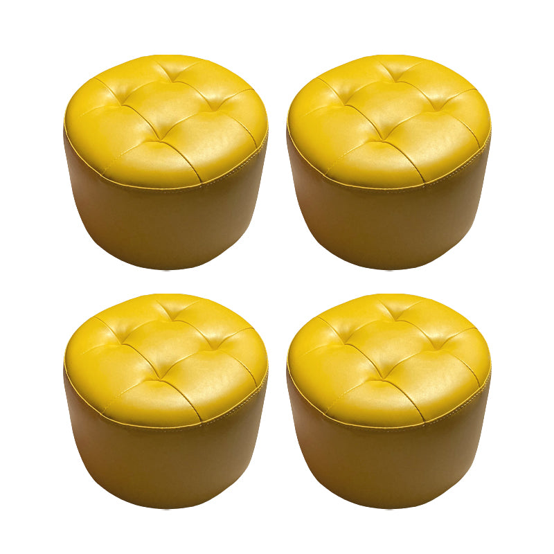 Mid-Century Modern Pouf Ottoman Genuine Leather Upholstered Tufted Cylinder Shape Ottoman