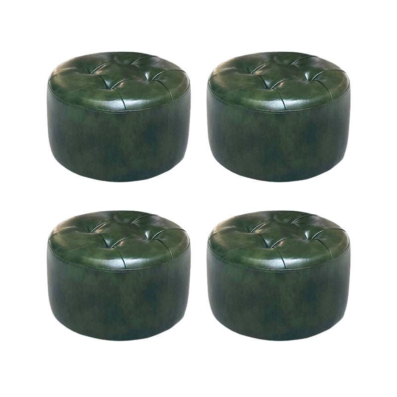 Mid-Century Modern Pouf Ottoman Genuine Leather Upholstered Tufted Cylinder Shape Ottoman