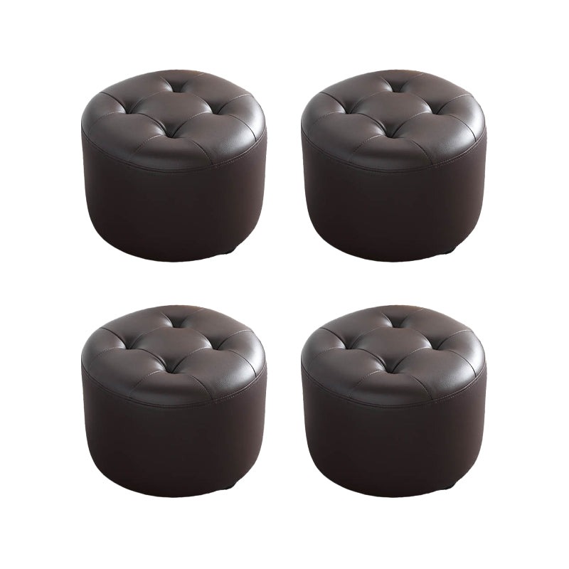 Mid-Century Modern Pouf Ottoman Genuine Leather Upholstered Tufted Cylinder Shape Ottoman