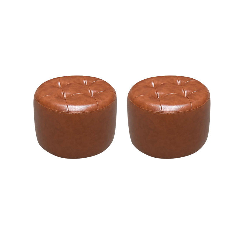 Mid-Century Modern Pouf Ottoman Genuine Leather Upholstered Tufted Cylinder Shape Ottoman