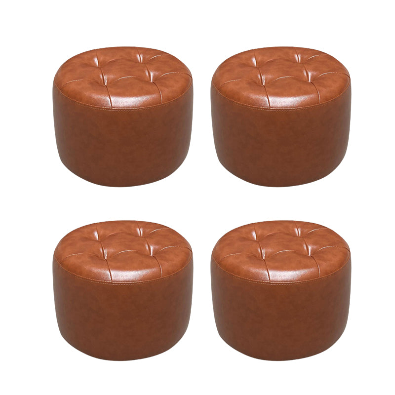 Mid-Century Modern Pouf Ottoman Genuine Leather Upholstered Tufted Cylinder Shape Ottoman