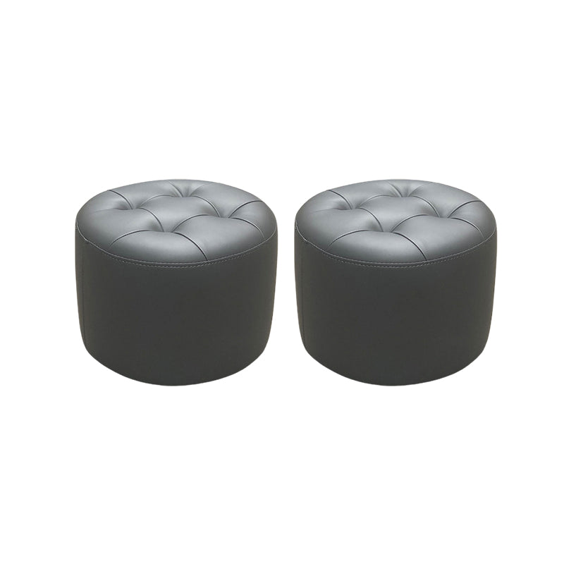 Mid-Century Modern Pouf Ottoman Genuine Leather Upholstered Tufted Cylinder Shape Ottoman