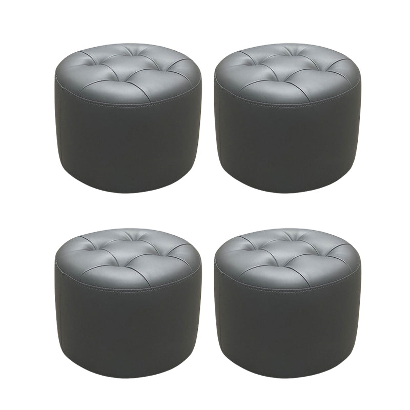 Mid-Century Modern Pouf Ottoman Genuine Leather Upholstered Tufted Cylinder Shape Ottoman