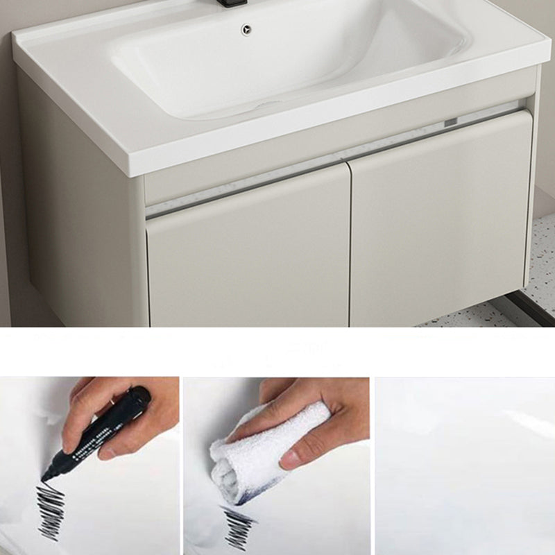 Modern Metal Sink Vanity Wall Mount Khaki Tone Bathroom Vanity with Mirror Cabinet