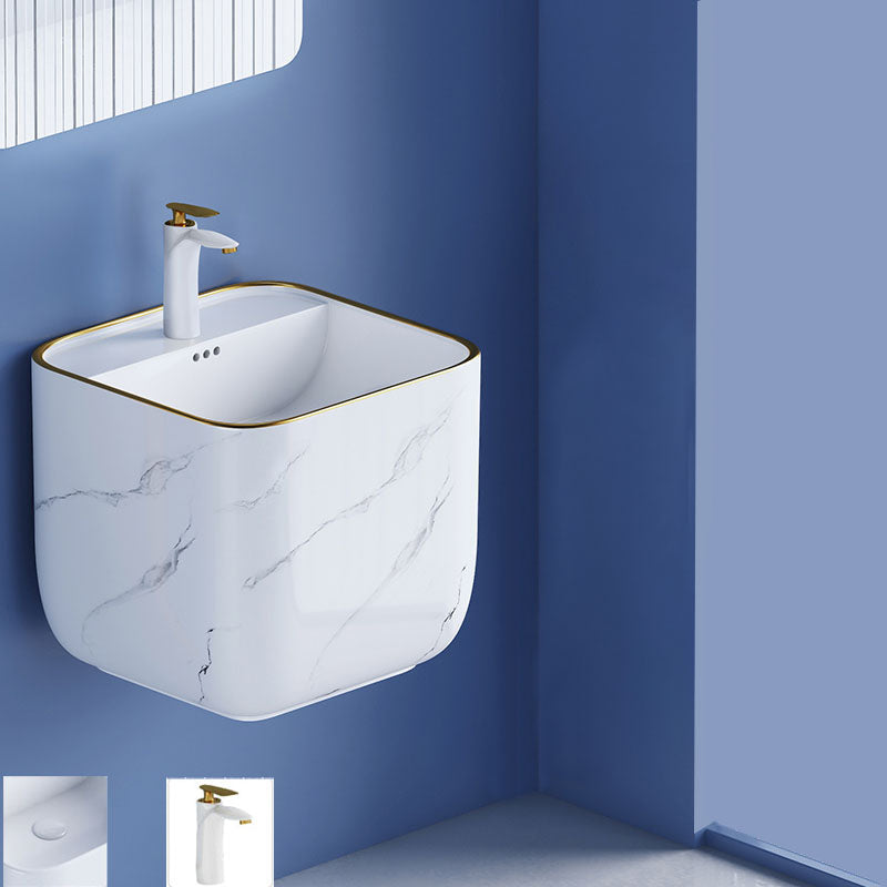 Modern Wall Mount Bathroom Sink Square Porcelain with Faucet Vessel Sink