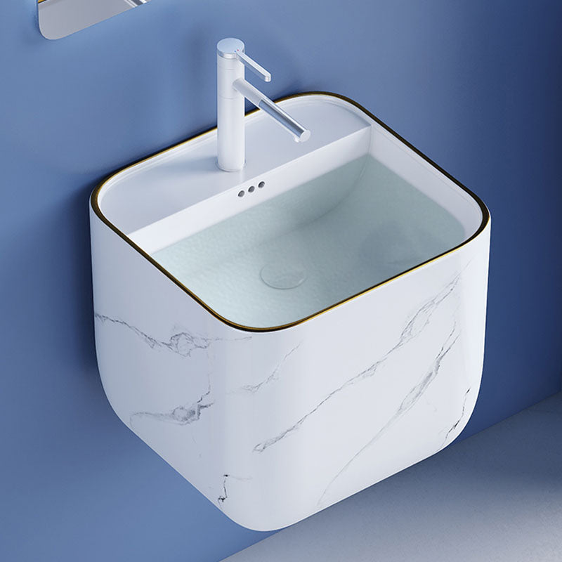 Modern Wall Mount Bathroom Sink Square Porcelain with Faucet Vessel Sink