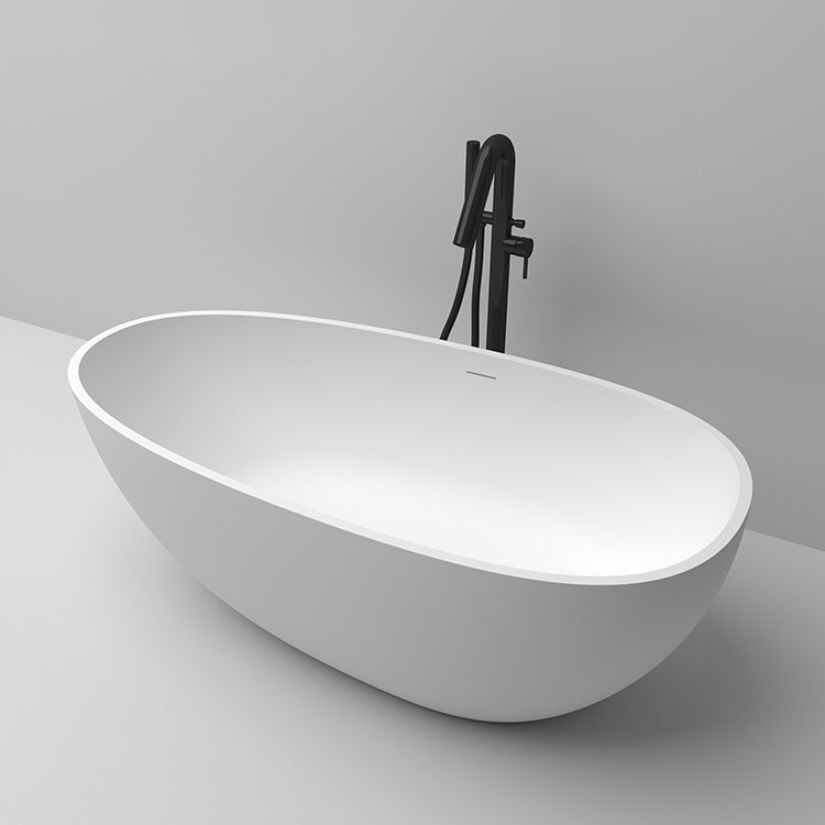 Soaking Freestanding Tub with Drain Modern White Stone Oval Bathtub