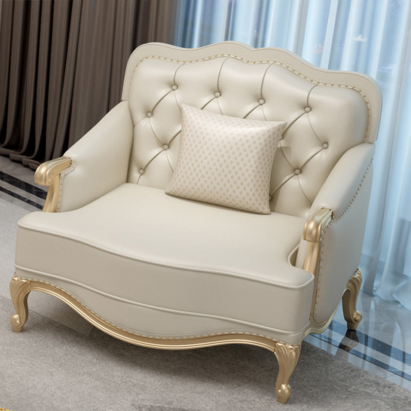 Beige Mid-Century Modern Sofa Tufted Genuine Leather Recessed Arm Sofa
