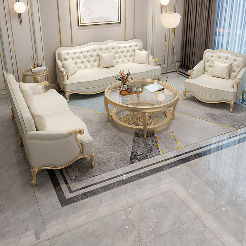 Beige Mid-Century Modern Sofa Tufted Genuine Leather Recessed Arm Sofa