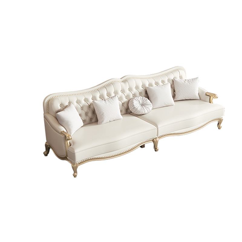 Beige Mid-Century Modern Sofa Tufted Genuine Leather Recessed Arm Sofa