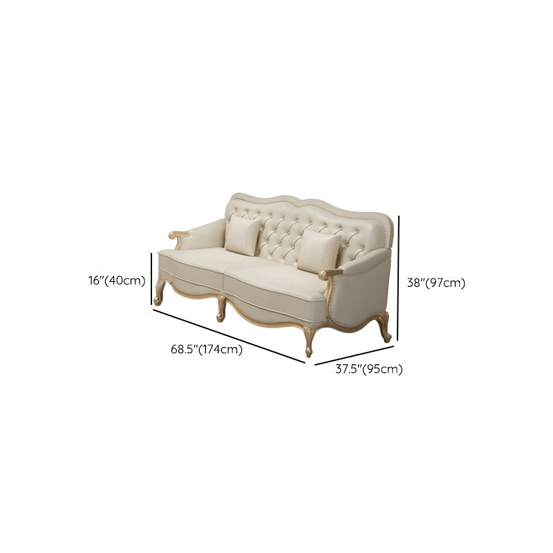 Beige Mid-Century Modern Sofa Tufted Genuine Leather Recessed Arm Sofa