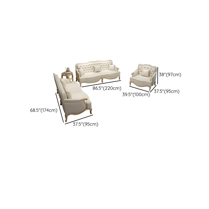 Beige Mid-Century Modern Sofa Tufted Genuine Leather Recessed Arm Sofa