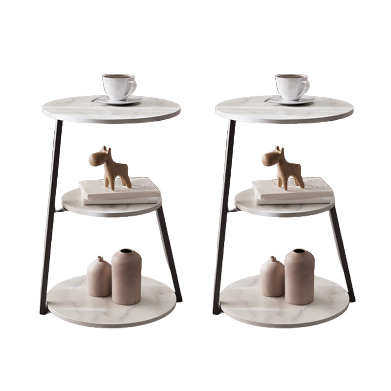 Glam Metal Side Table with Shelves Round Stone Top Accent Side Table