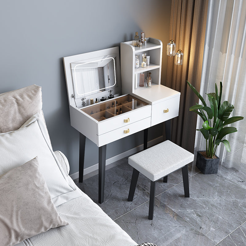 Flip-Top Vanity Table 3-Drawer Stool Vanity Set with Storage Shelves