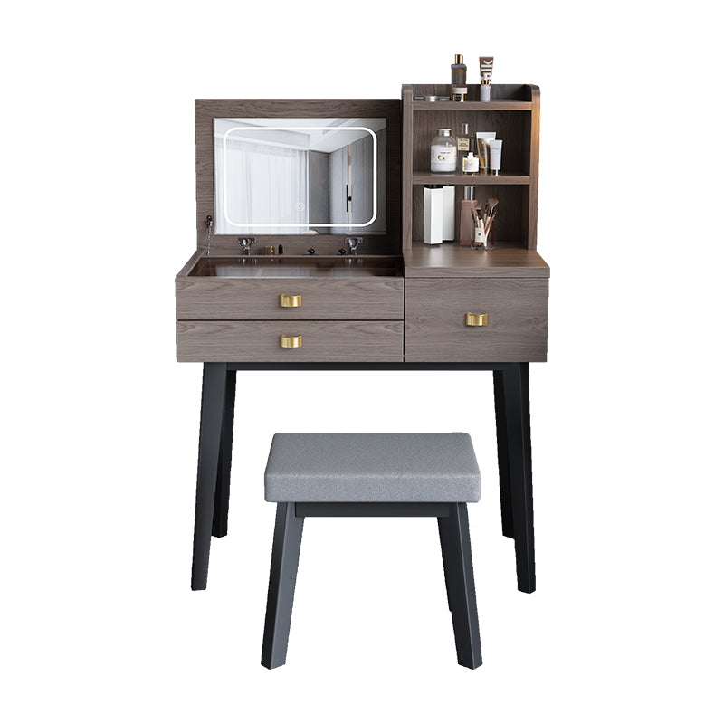 Flip-Top Vanity Table 3-Drawer Stool Vanity Set with Storage Shelves