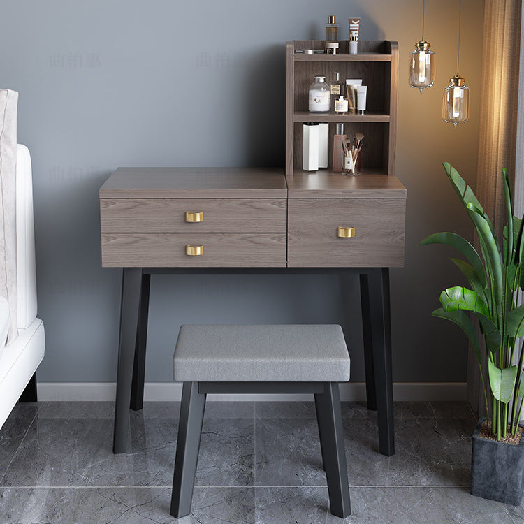 Flip-Top Vanity Table 3-Drawer Stool Vanity Set with Storage Shelves