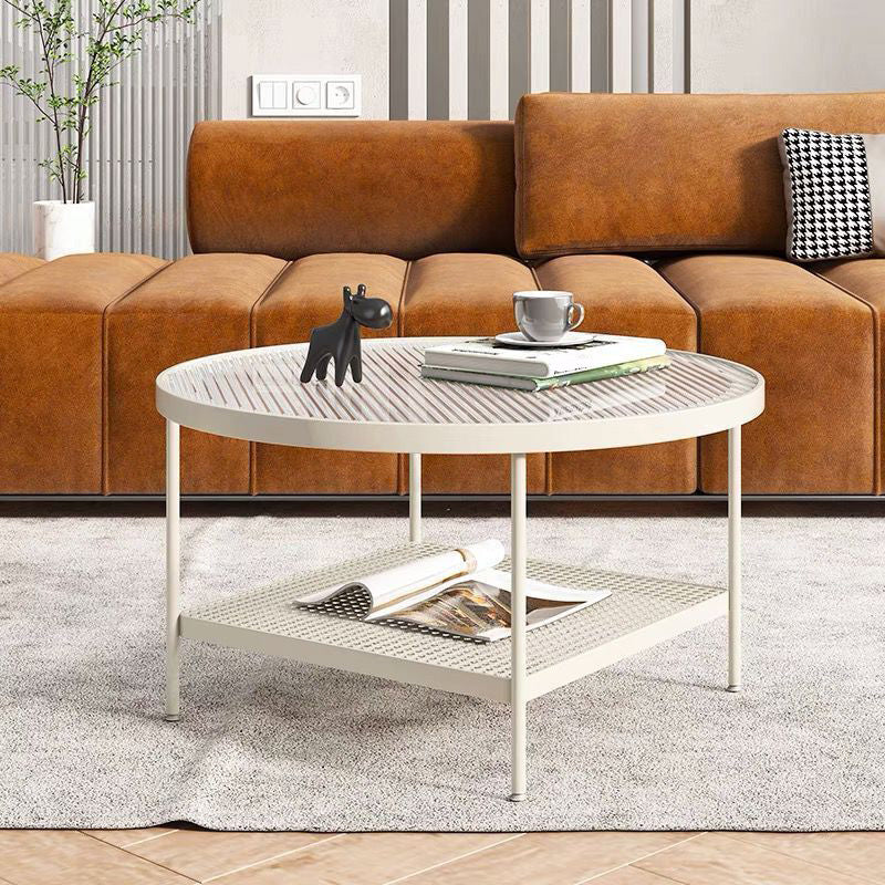 Glass Round Contemporary Coffee Table 4 Legs Coffee Table with Storage
