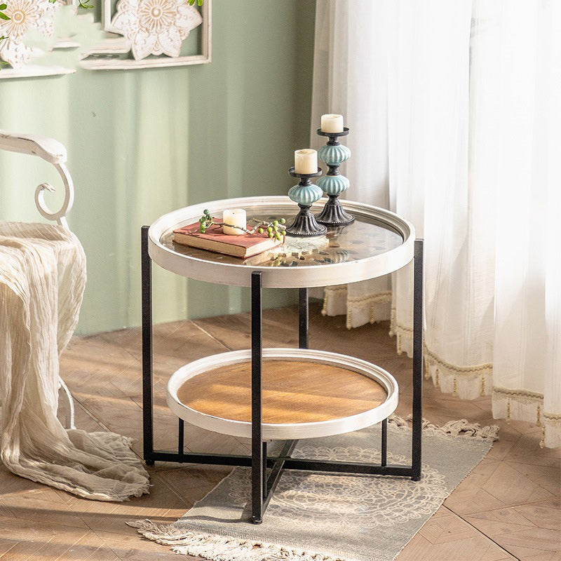 Glass Round Contemporary Coffee Table Cross Legs Single Coffee Table with Storage