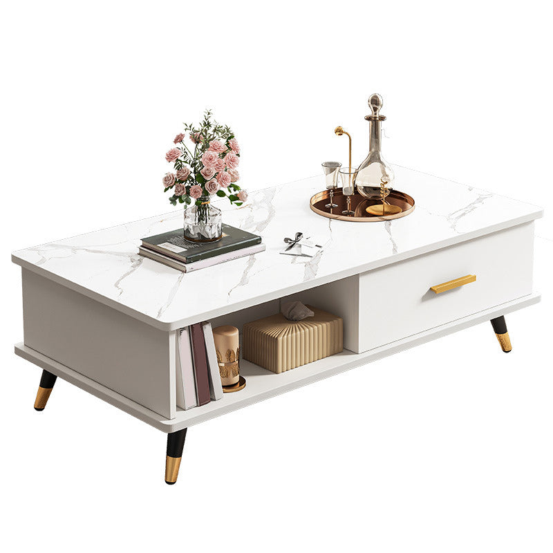 Contemporary 4 Legs Coffee Table Stone Cocktail Table with Storage Drawer