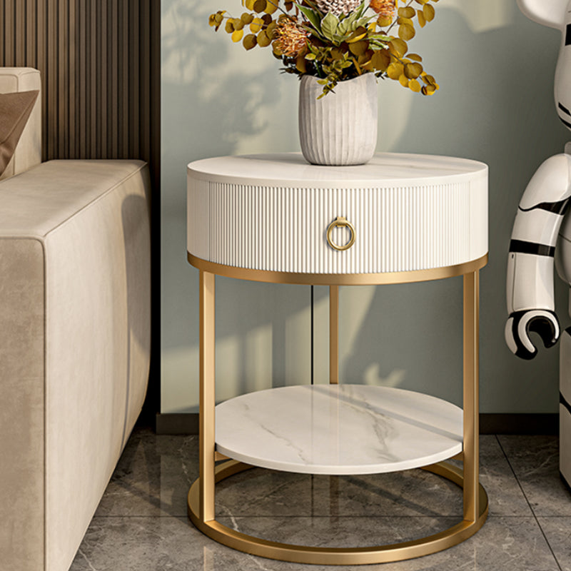 Round Slate Top End Table 22.83" Tall Iron Frame Side Table with Storage