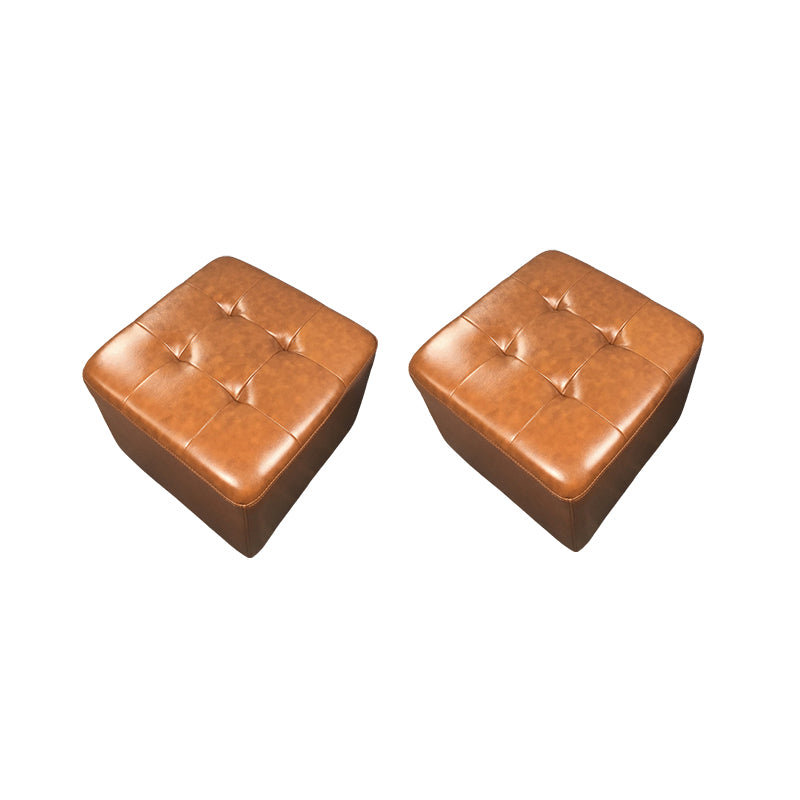 Mid-Century Modern Pouf Ottoman Genuine Leather Upholstered Tufted Square Ottoman