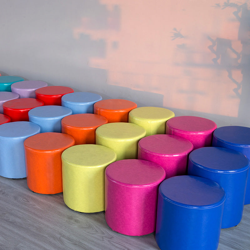 Modern Pouf Ottoman PU Leather Upholstered Solid Color Cylinder Shape Ottoman