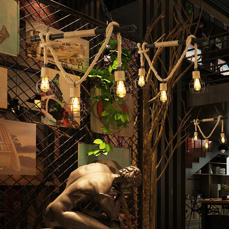Industrial Island Light Hemp Rope Island Hanging Light with Metal Shade for Dining Room