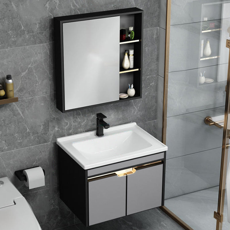2 Doors Vanity Set Mirror Grey Wall Mount Rectangle Metal Bath Vanity with Single Sink