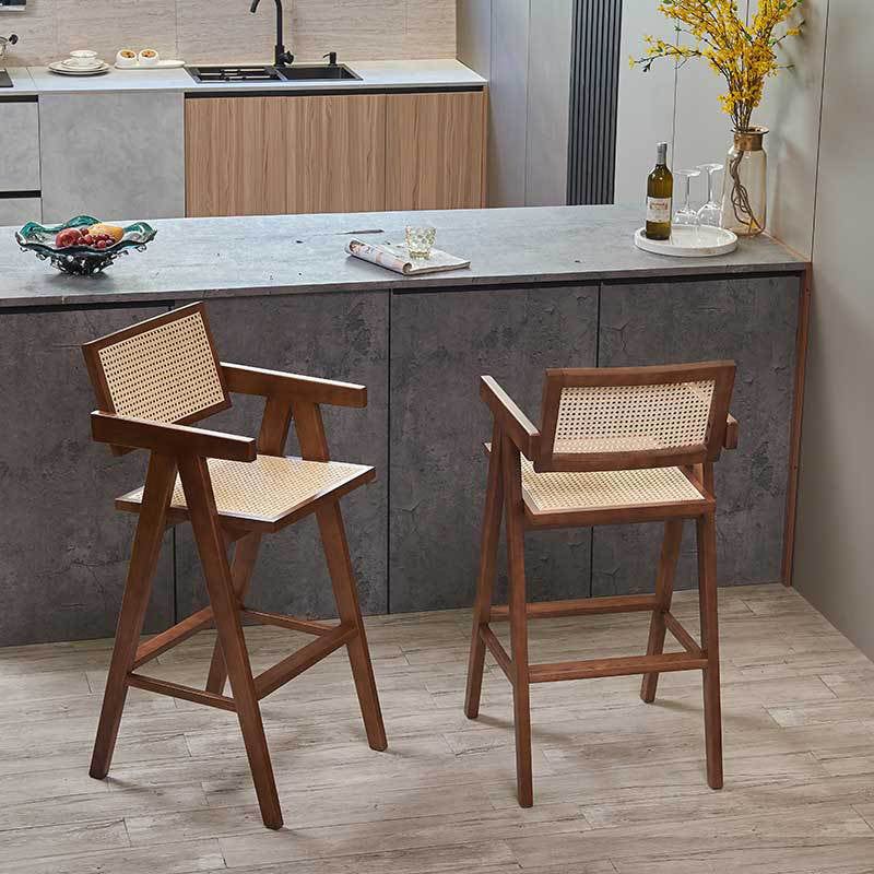 Wood Low Back Dining Stools Contemporary Armed Bar Stools with Footrest
