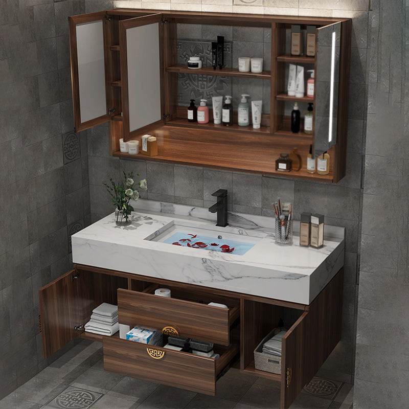 Wood Frame Vanity 2 Drawers Wall Mount Single Sink Rectangle Bathroom Vanity with Mirror