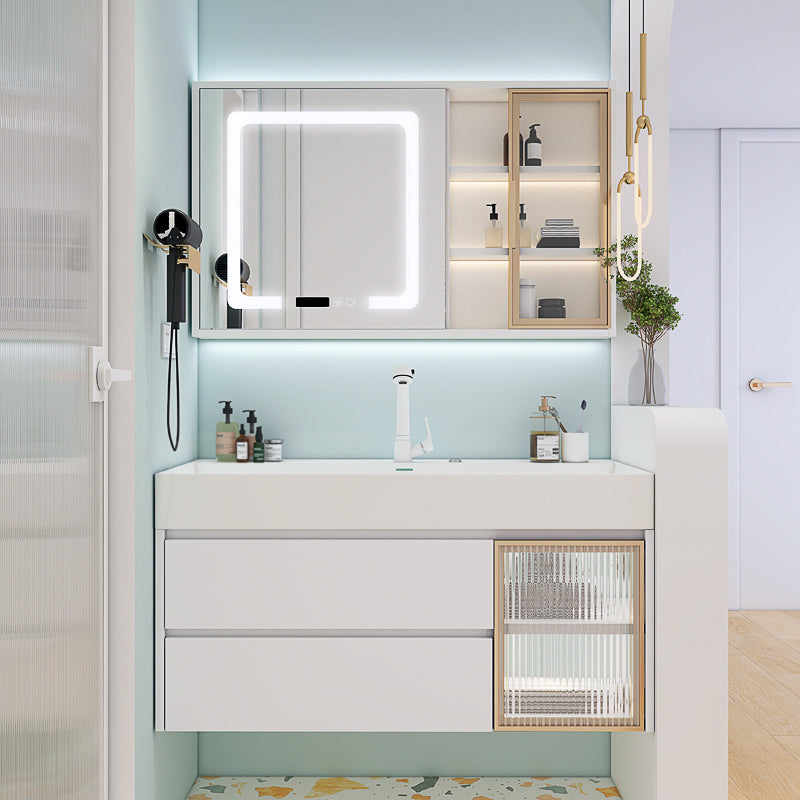 White Bathroom Vanity Mirror Rectangle Single Sink Wall Mount 2 Drawers Vanity with Door