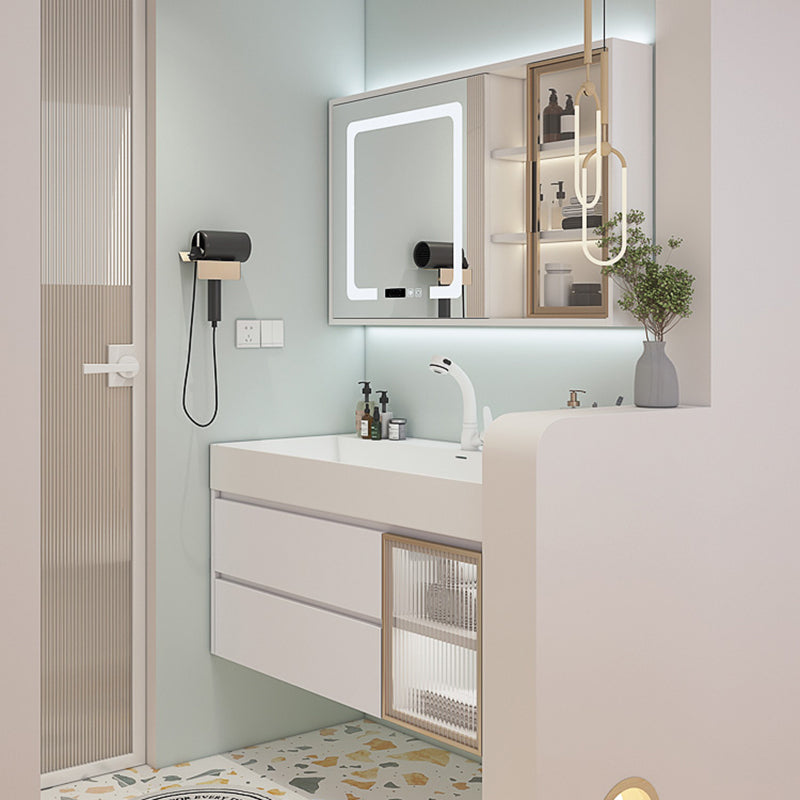 White Bathroom Vanity Mirror Rectangle Single Sink Wall Mount 2 Drawers Vanity with Door