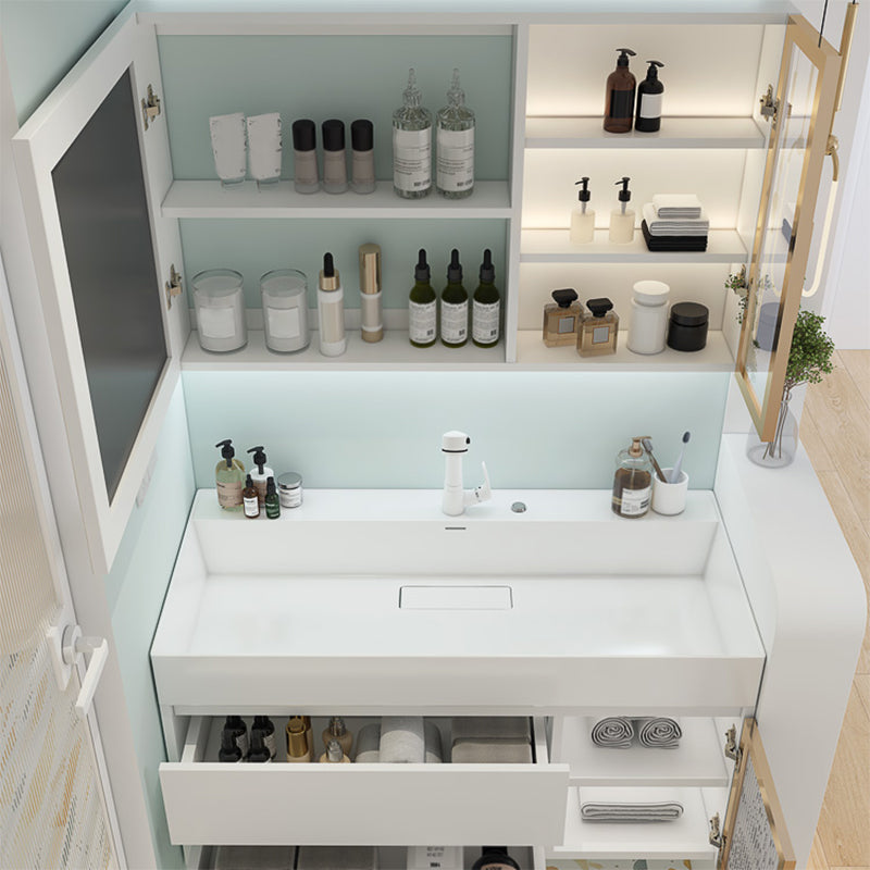 White Bathroom Vanity Mirror Rectangle Single Sink Wall Mount 2 Drawers Vanity with Door