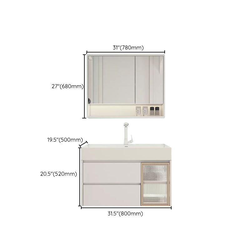 White Bathroom Vanity Mirror Rectangle Single Sink Wall Mount 2 Drawers Vanity with Door