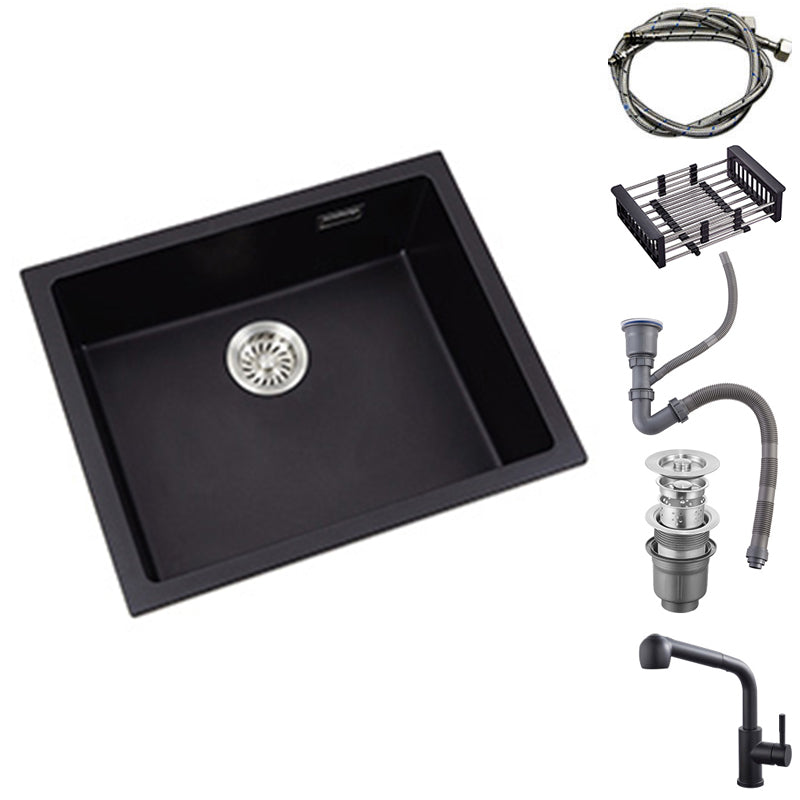 Black Quartz Kitchen Sink Drop-In Single Bowl Sink with Basket Strainer