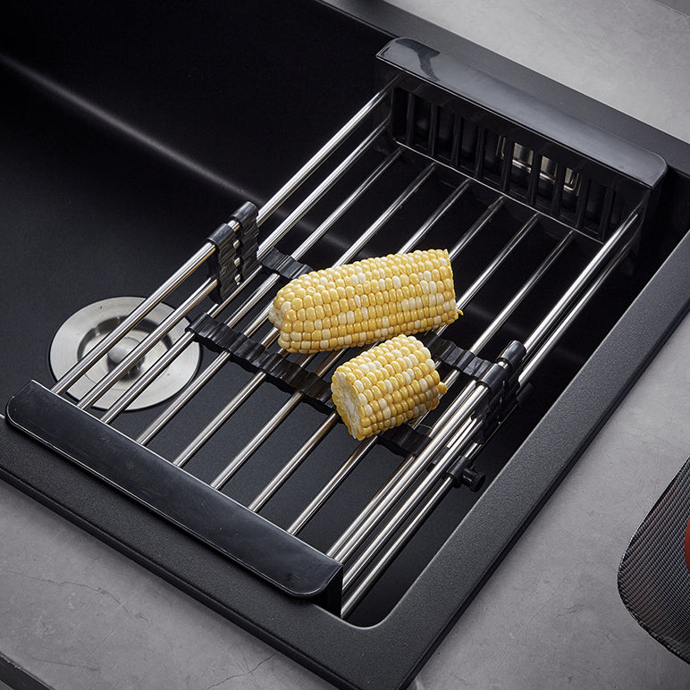 Black Quartz Kitchen Sink Drop-In Single Bowl Sink with Basket Strainer