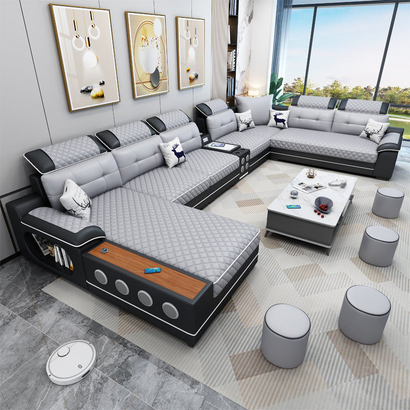 French Country Faux Leather Sectional Sofa with Pillow Top Arms