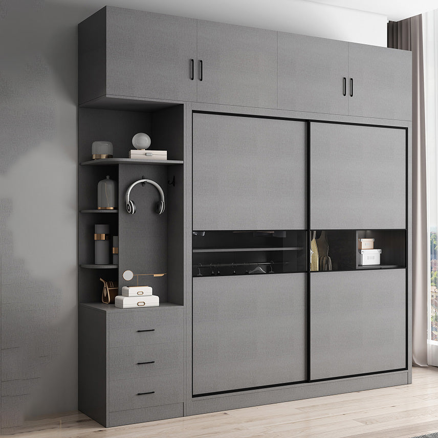 Gray Colour Wooden Wardrobe Rod Included Wardrobe Wardrobe Closet with Sliding Door