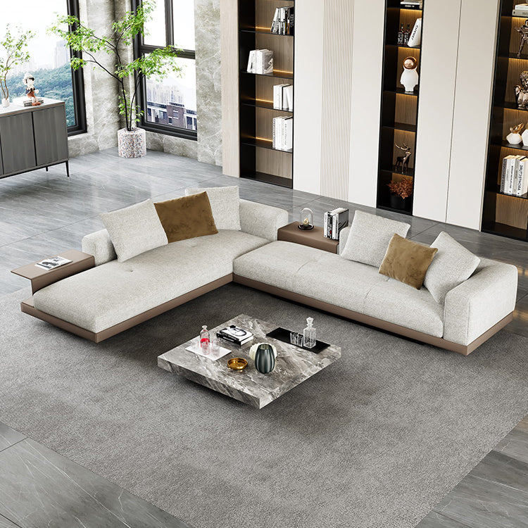 Farmhouse Sectional Sofa with Square Arms in Beige Linen Blend